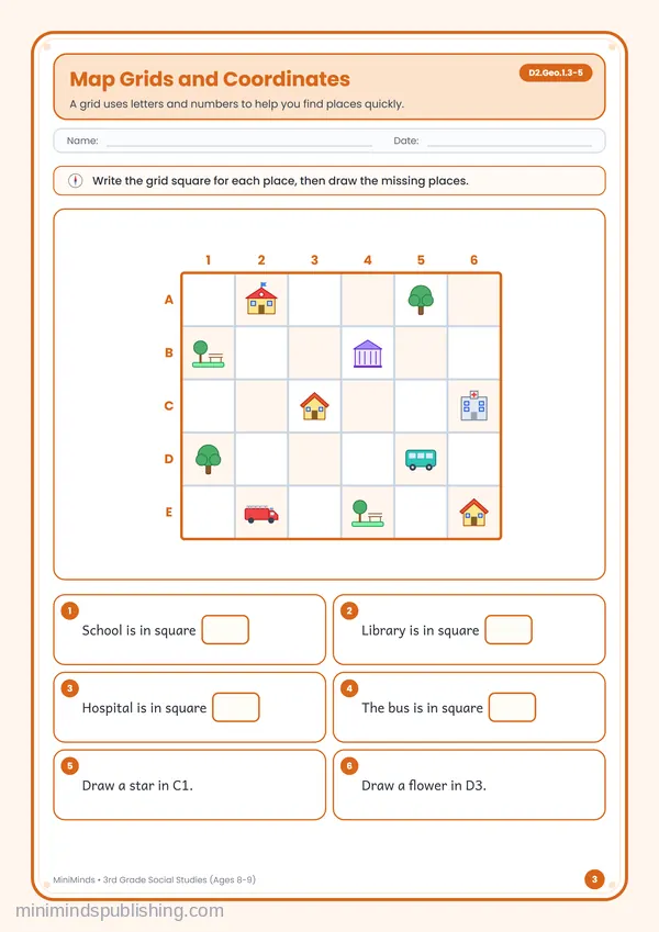 Map Grids and Coordinates — free printable 3rd Grade worksheet