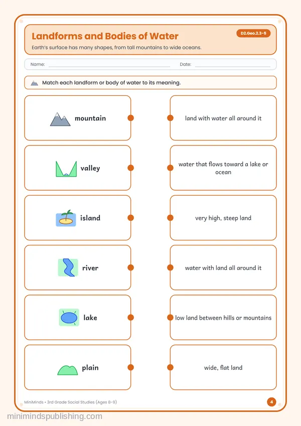 Landforms and Bodies of Water — free printable 3rd Grade worksheet