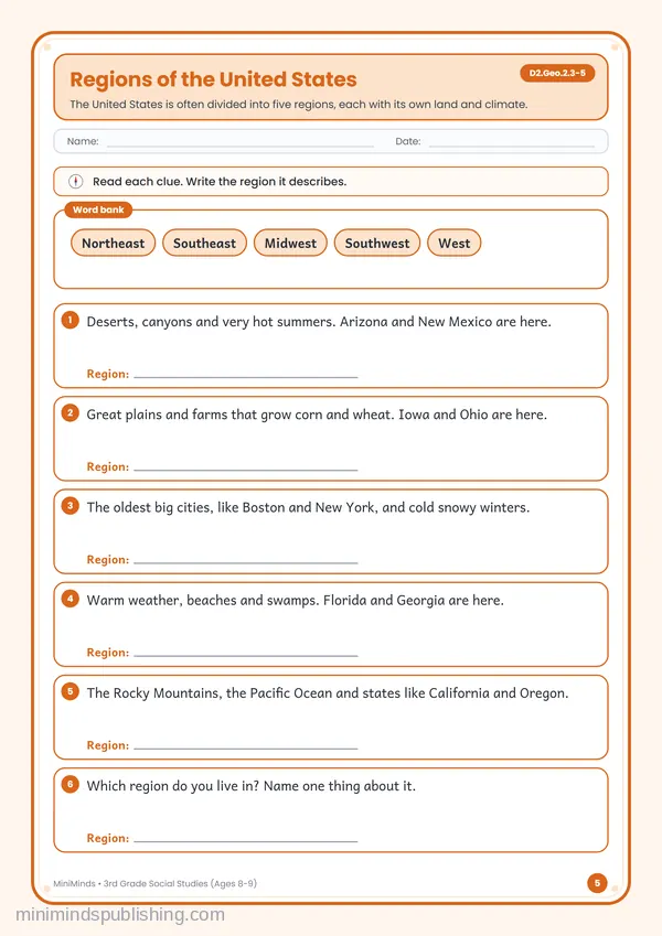 Regions of the United States — free printable 3rd Grade worksheet