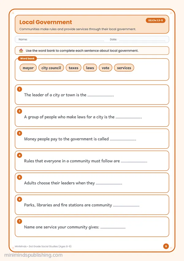 Local Government — free printable 3rd Grade worksheet