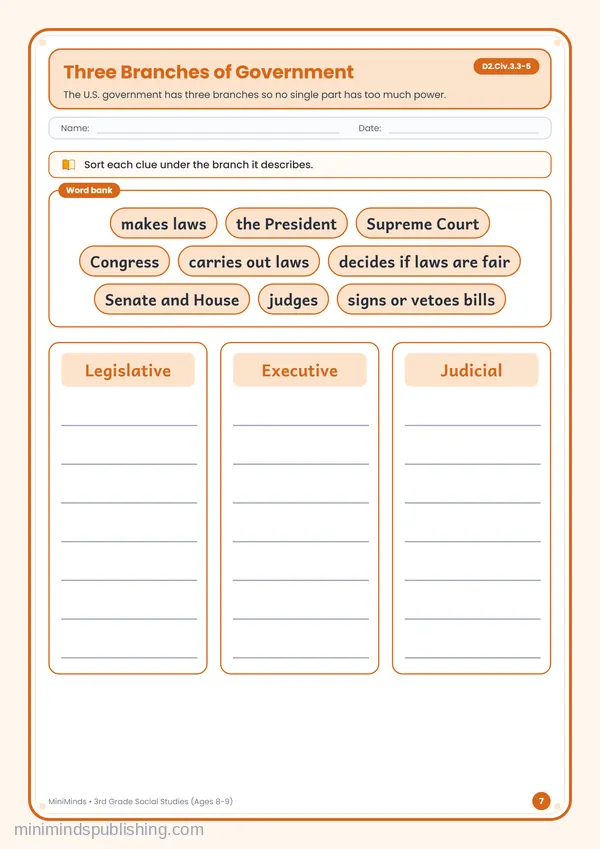 Three Branches of Government — free printable 3rd Grade worksheet