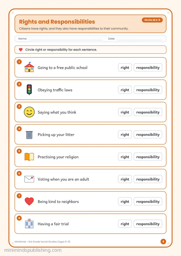 Rights and Responsibilities — free printable 3rd Grade worksheet