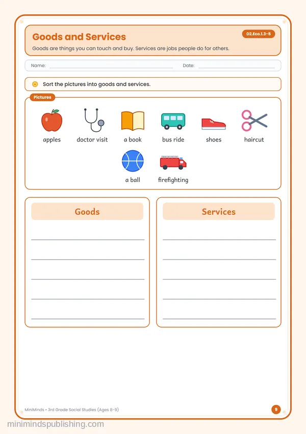 Goods and Services — free printable 3rd Grade worksheet