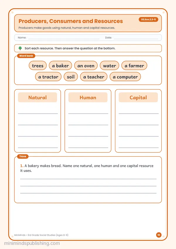 Producers, Consumers and Resources — free printable 3rd Grade worksheet