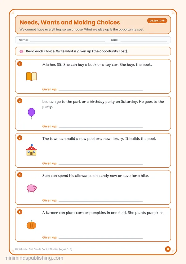 Needs, Wants and Making Choices — free printable 3rd Grade worksheet