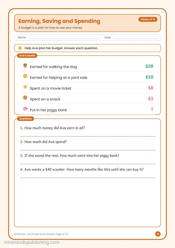 Earning, Saving and Spending — free printable 3rd Grade worksheet