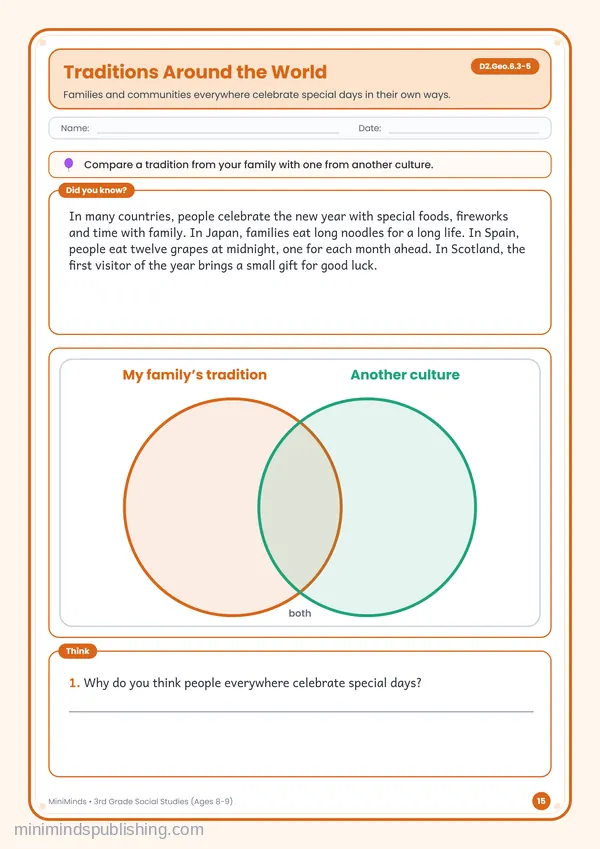 Traditions Around the World — free printable 3rd Grade worksheet