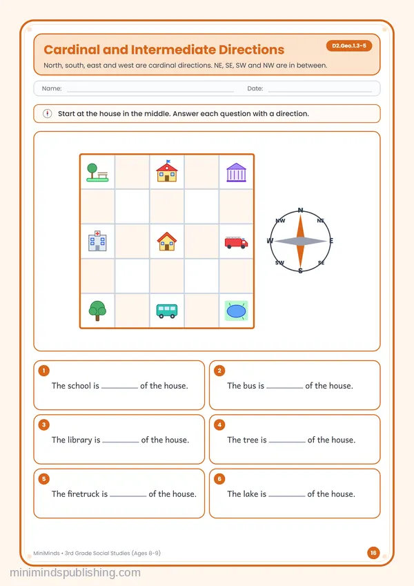 Cardinal and Intermediate Directions — free printable 3rd Grade worksheet