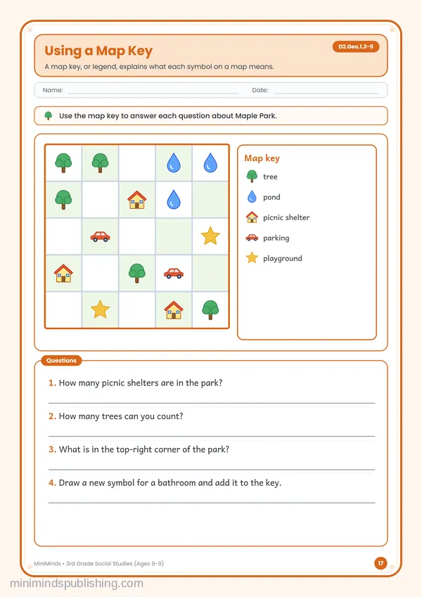 Using a Map Key — free printable 3rd Grade worksheet