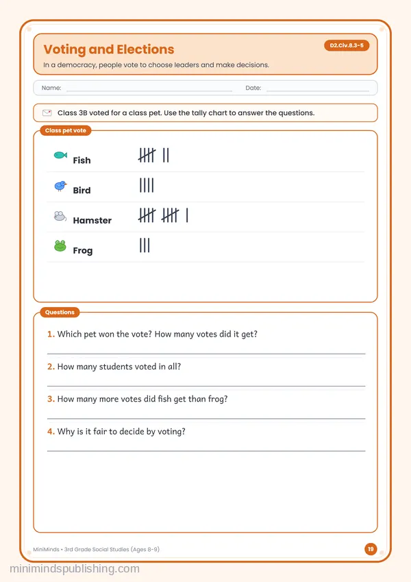 Voting and Elections — free printable 3rd Grade worksheet