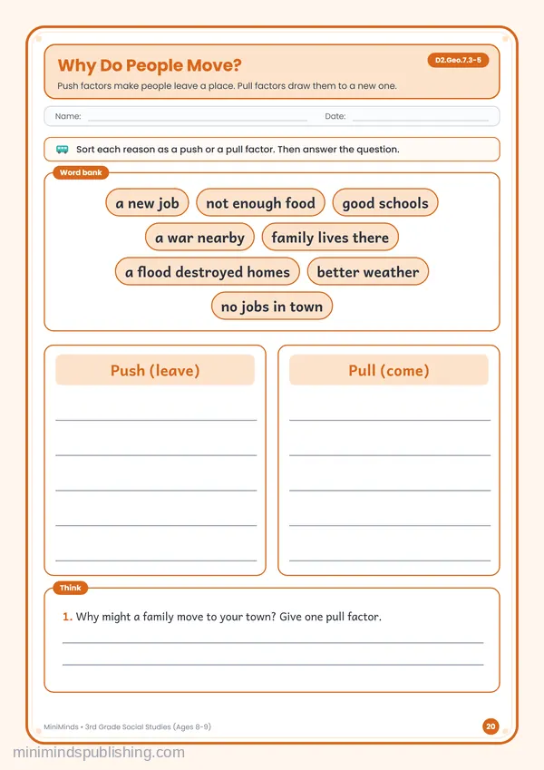 Why Do People Move? — free printable 3rd Grade worksheet