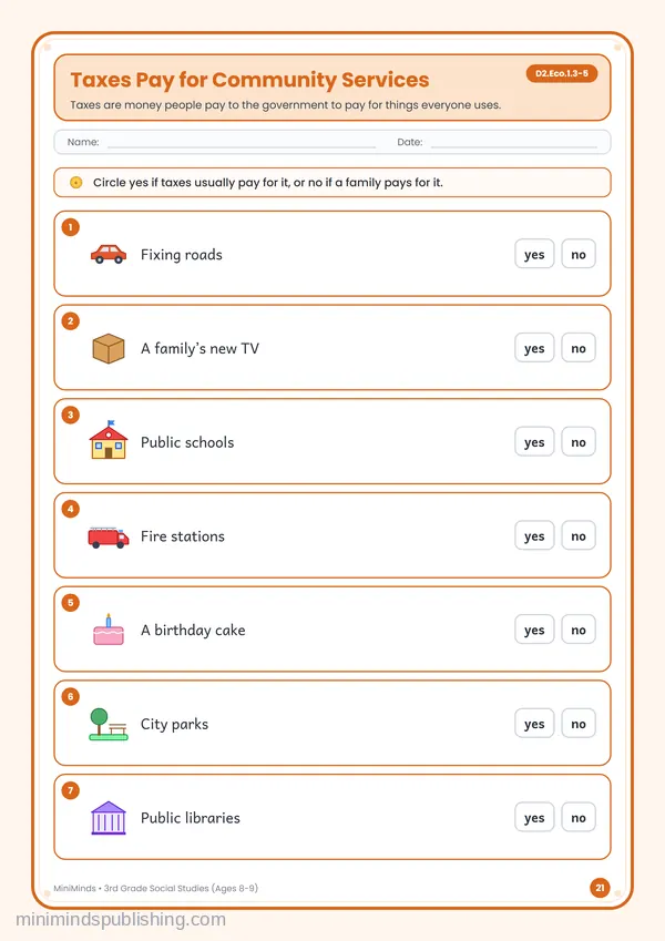 Taxes Pay for Community Services — free printable 3rd Grade worksheet