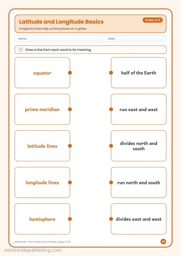 Latitude and Longitude Basics — free printable 3rd Grade worksheet