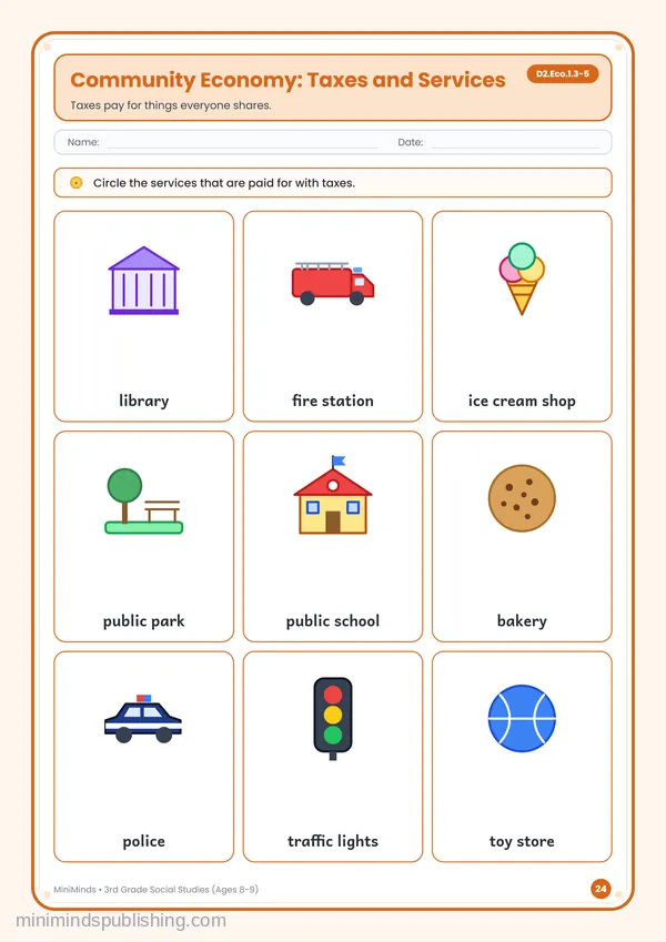 Community Economy: Taxes and Services — free printable 3rd Grade worksheet