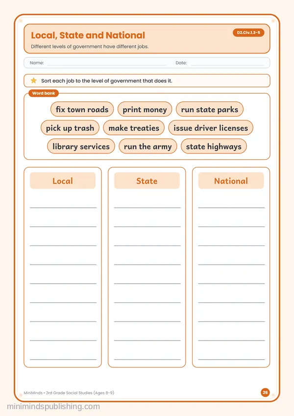 Local, State and National — free printable 3rd Grade worksheet