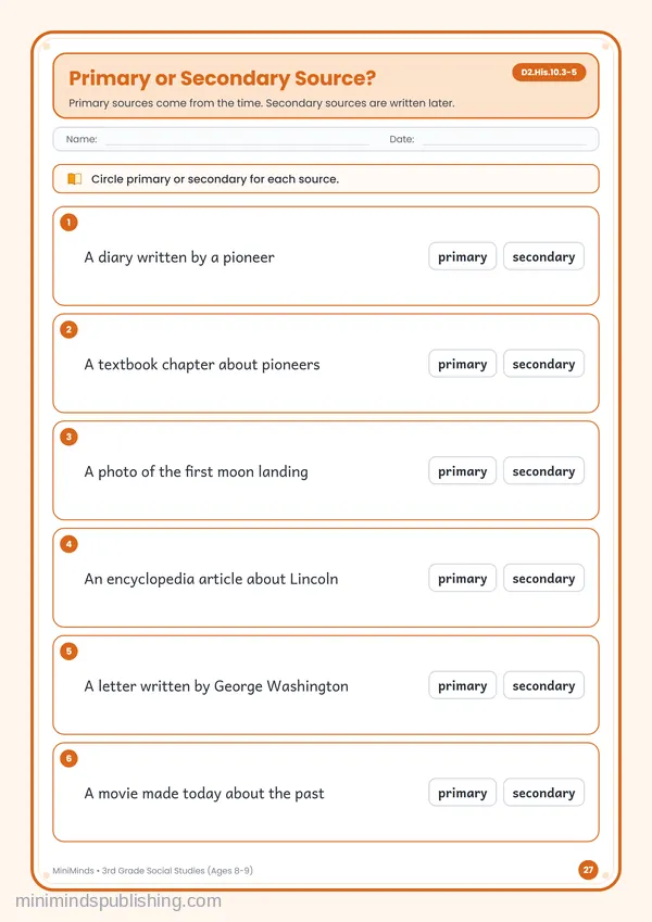 Primary or Secondary Source? — free printable 3rd Grade worksheet