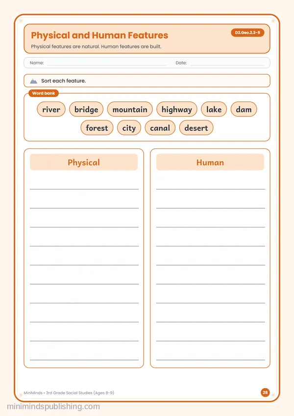 Physical and Human Features — free printable 3rd Grade worksheet