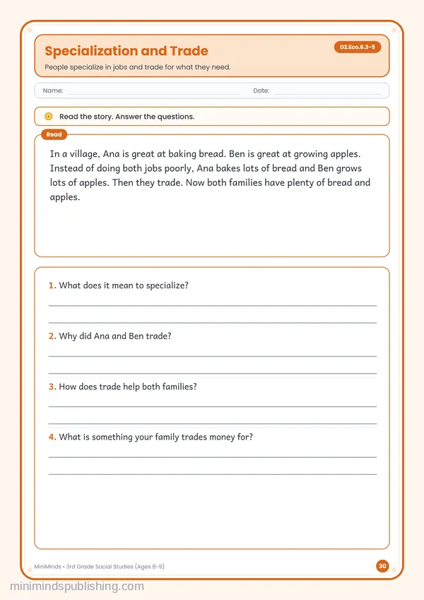 Specialization and Trade — free printable 3rd Grade worksheet