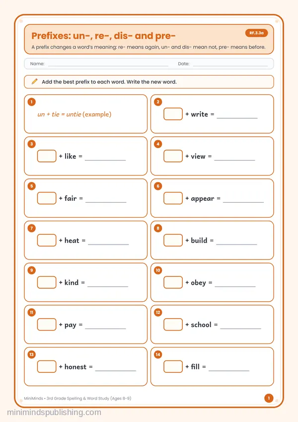 Prefixes: un-, re-, dis- and pre- — free printable 3rd Grade worksheet