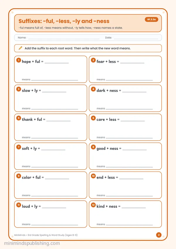 Suffixes: -ful, -less, -ly and -ness — free printable 3rd Grade worksheet