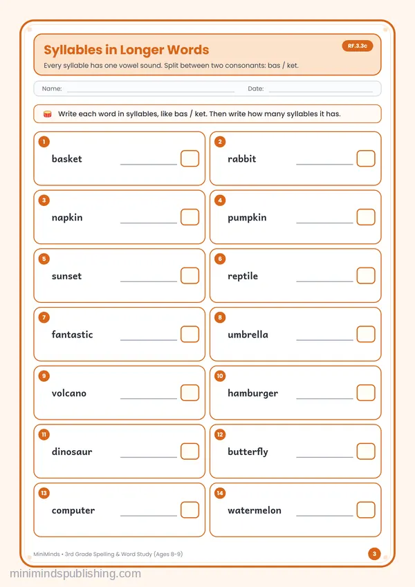 Syllables in Longer Words — free printable 3rd Grade worksheet