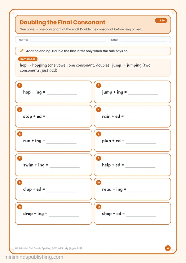 Doubling the Final Consonant — free printable 3rd Grade worksheet