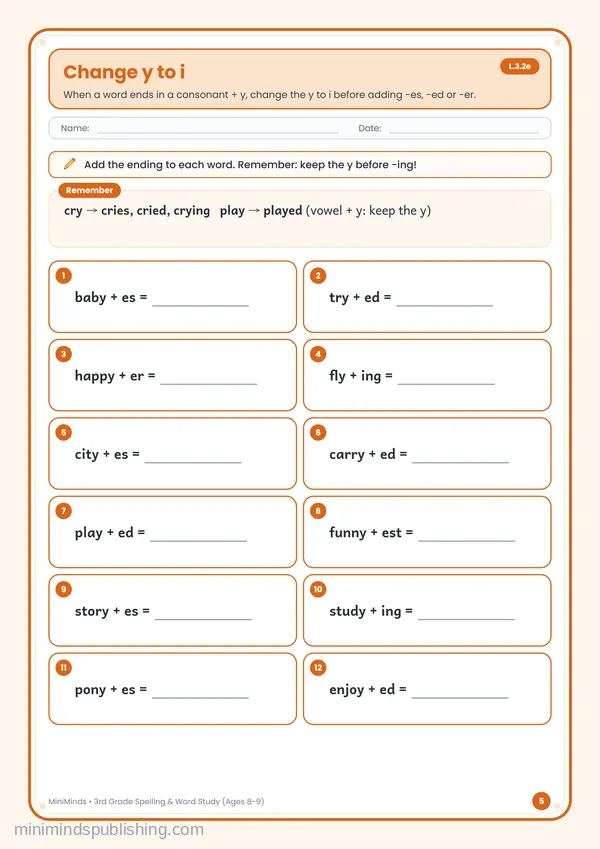 Change y to i — free printable 3rd Grade worksheet