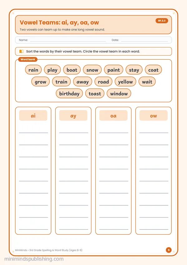 Vowel Teams: ai, ay, oa, ow — free printable 3rd Grade worksheet