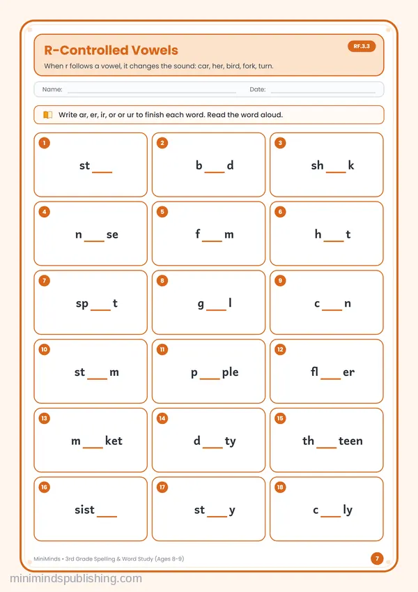R-Controlled Vowels — free printable 3rd Grade worksheet