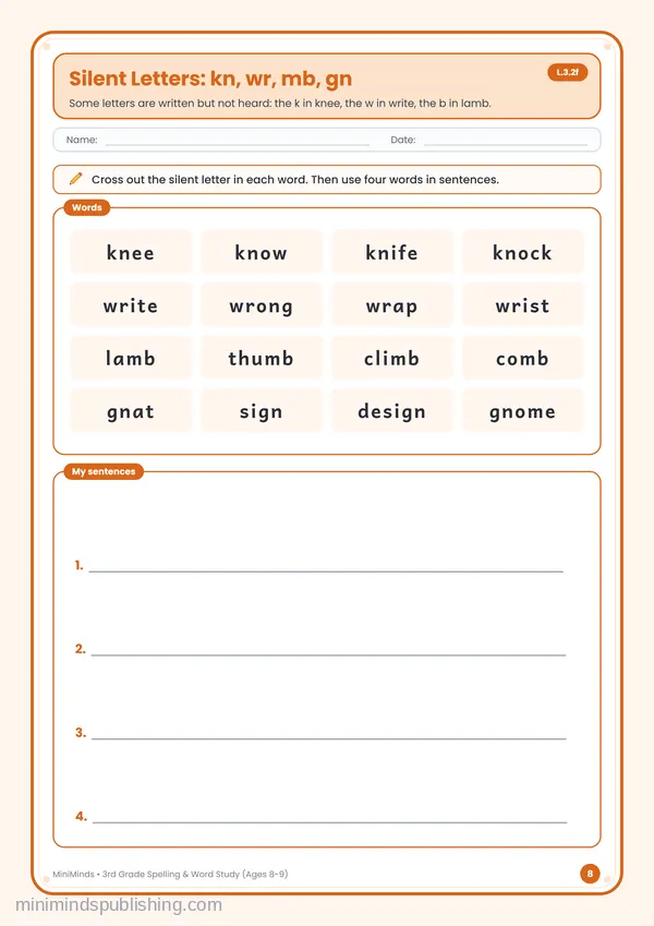Silent Letters: kn, wr, mb, gn — free printable 3rd Grade worksheet