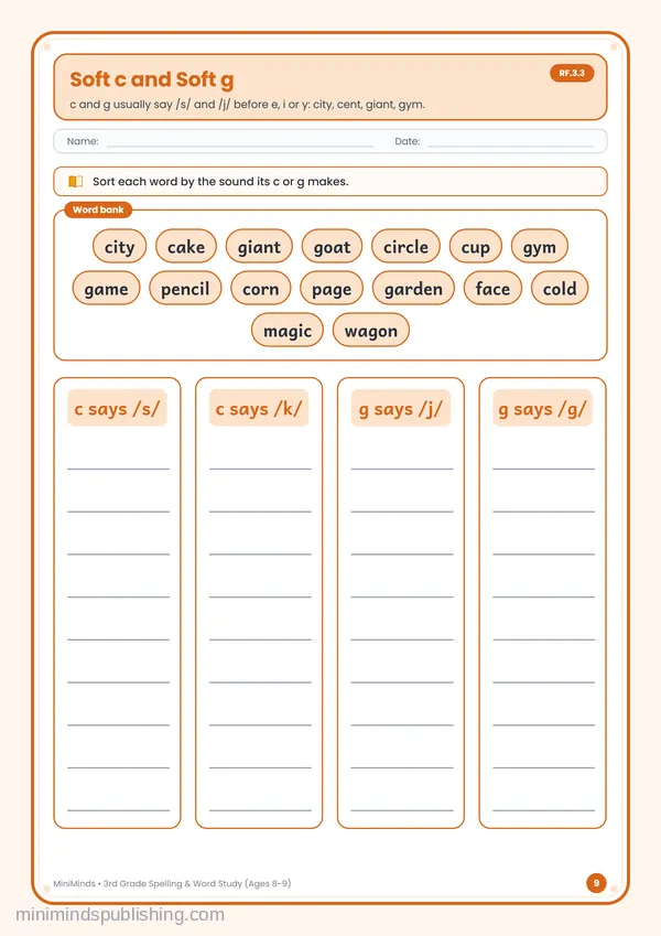 Soft c and Soft g — free printable 3rd Grade worksheet