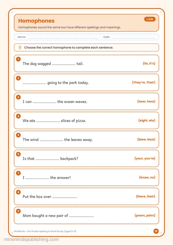 Homophones — free printable 3rd Grade worksheet