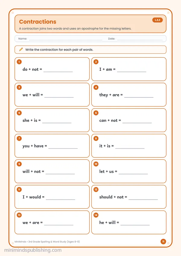 Contractions — free printable 3rd Grade worksheet
