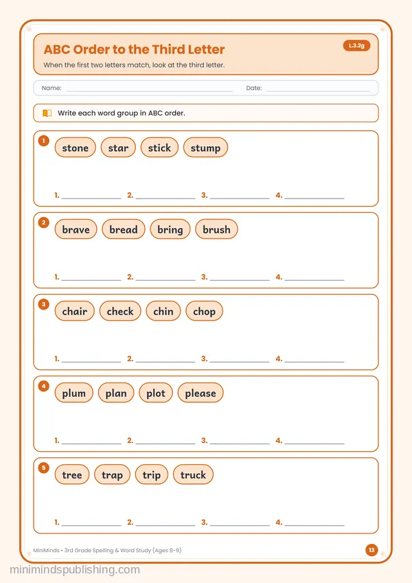 ABC Order to the Third Letter — free printable 3rd Grade worksheet
