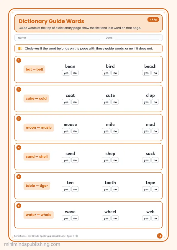 Dictionary Guide Words — free printable 3rd Grade worksheet