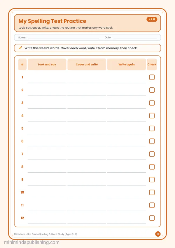My Spelling Test Practice — free printable 3rd Grade worksheet
