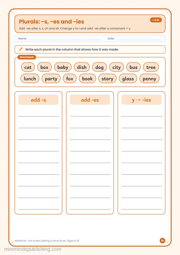 Plurals: -s, -es and -ies — free printable 3rd Grade worksheet