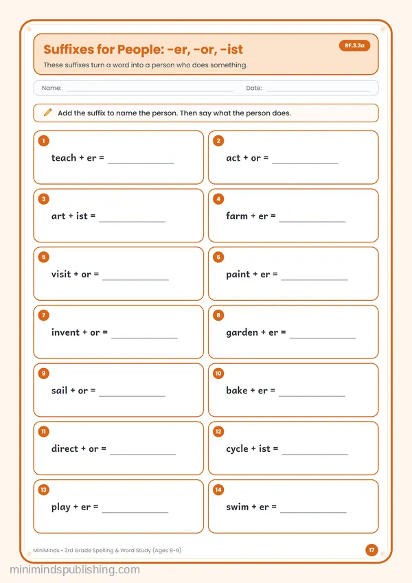 Suffixes for People: -er, -or, -ist — free printable 3rd Grade worksheet
