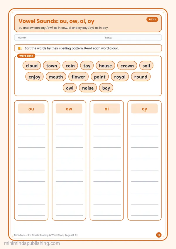 Vowel Sounds: ou, ow, oi, oy — free printable 3rd Grade worksheet