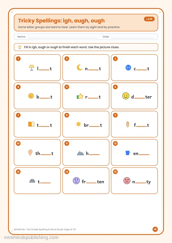 Tricky Spellings: igh, augh, ough — free printable 3rd Grade worksheet
