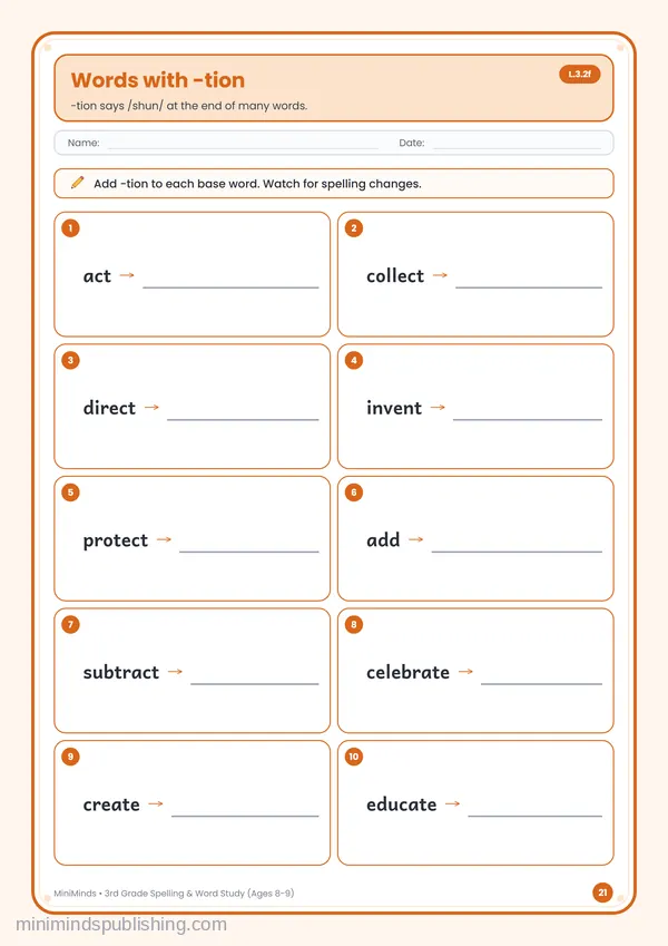 Words with -tion — free printable 3rd Grade worksheet