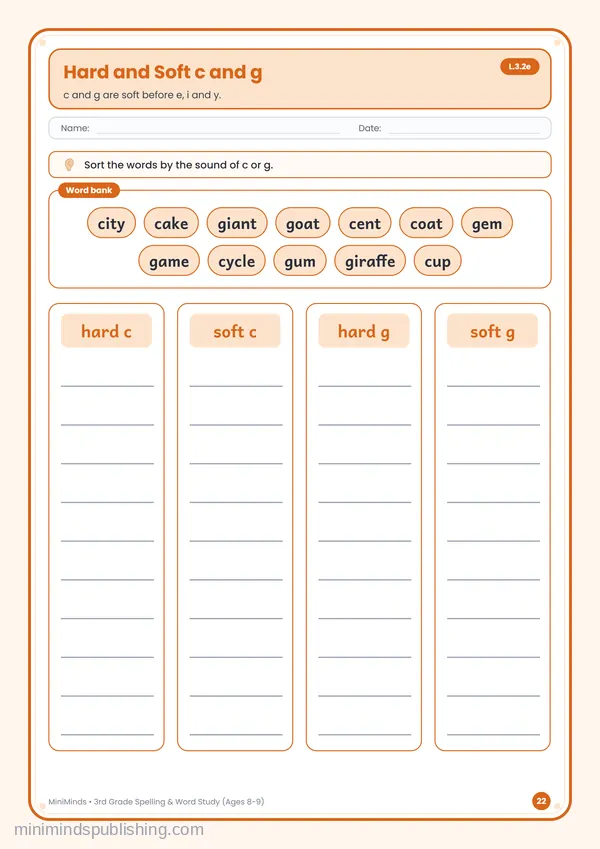 Hard and Soft c and g — free printable 3rd Grade worksheet