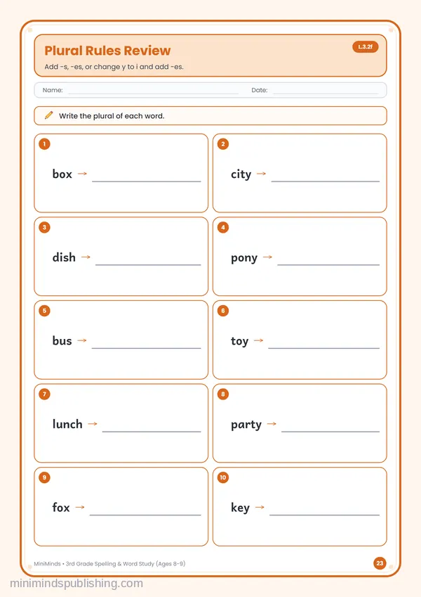Plural Rules Review — free printable 3rd Grade worksheet