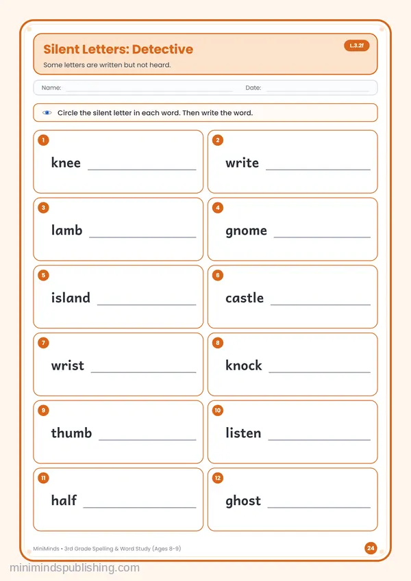 Silent Letters: Detective — free printable 3rd Grade worksheet