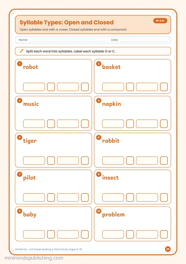 Syllable Types: Open and Closed — free printable 3rd Grade worksheet