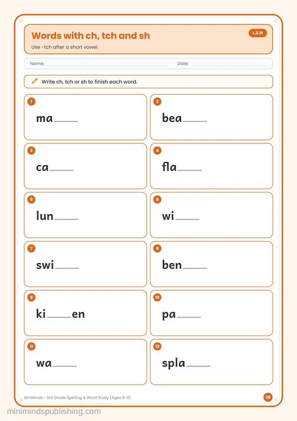 Words with ch, tch and sh — free printable 3rd Grade worksheet