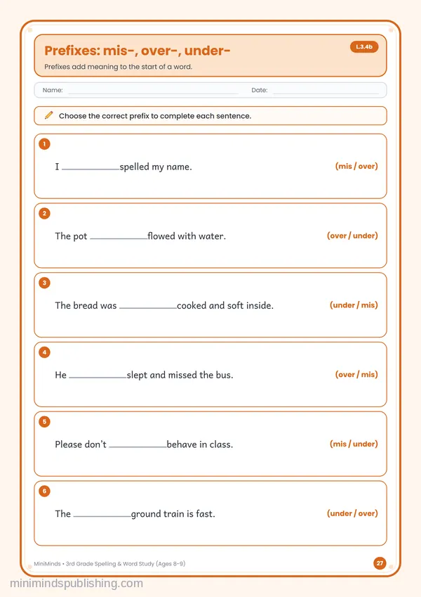 Prefixes: mis-, over-, under- — free printable 3rd Grade worksheet