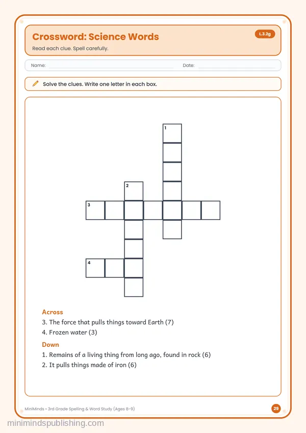 Crossword: Science Words — free printable 3rd Grade worksheet