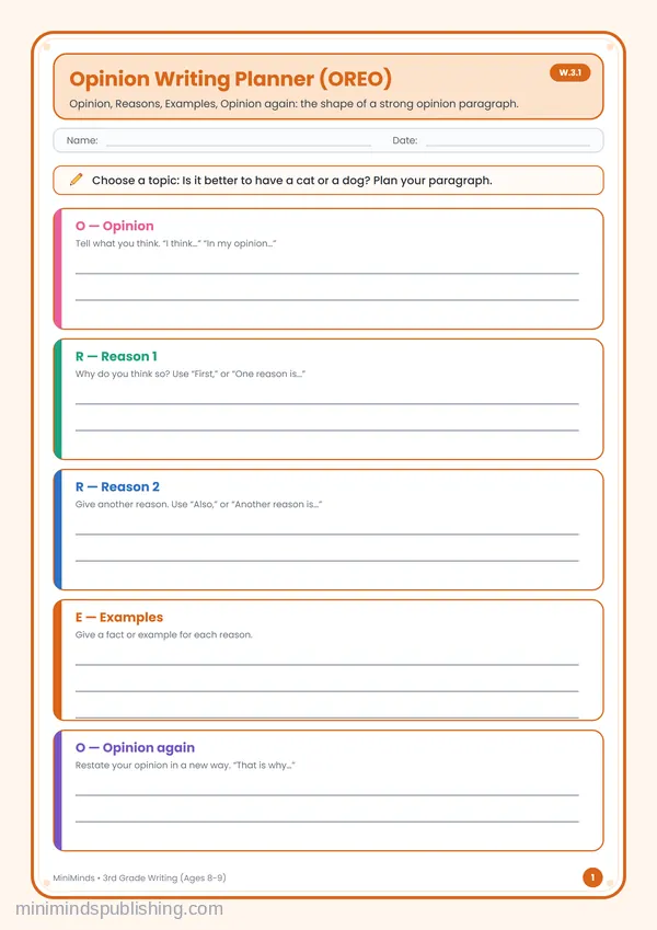 Opinion Writing Planner (OREO) — free printable 3rd Grade worksheet