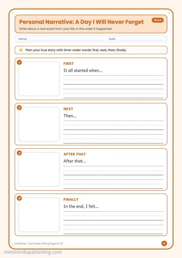 Personal Narrative: A Day I Will Never Forget — free printable 3rd Grade worksheet